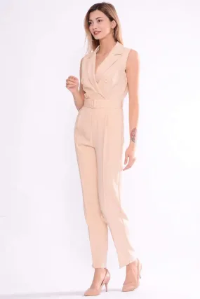 16264 Beige Blazer Collar Jumpsuit