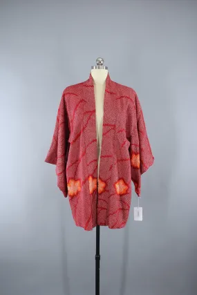 1950s Vintage Silk Haori Kimono Jacket in Dark Red Orange Floral Shibori