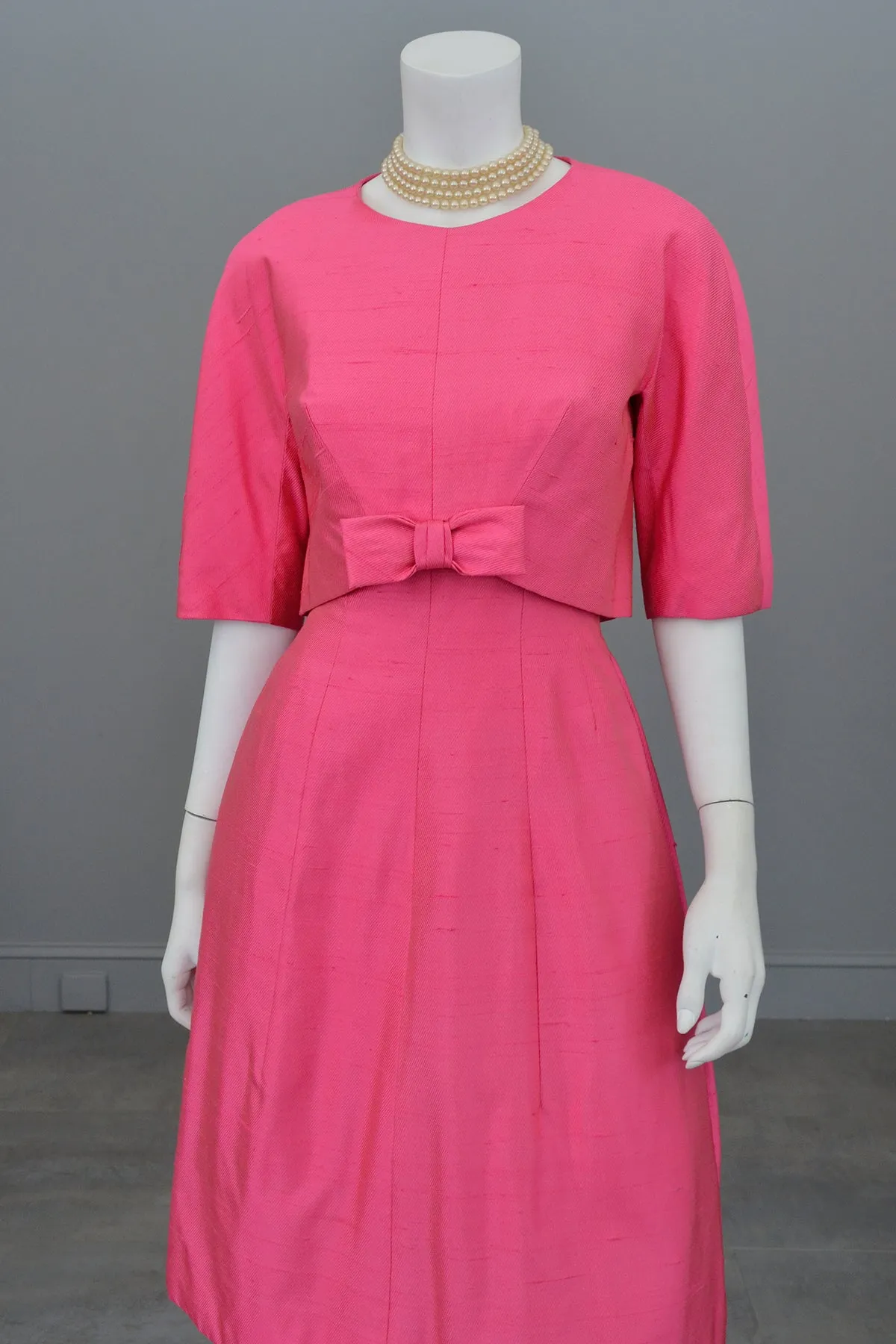 1960s Hot Pink Empire Wiggle Dress with Matching Bow Bolero