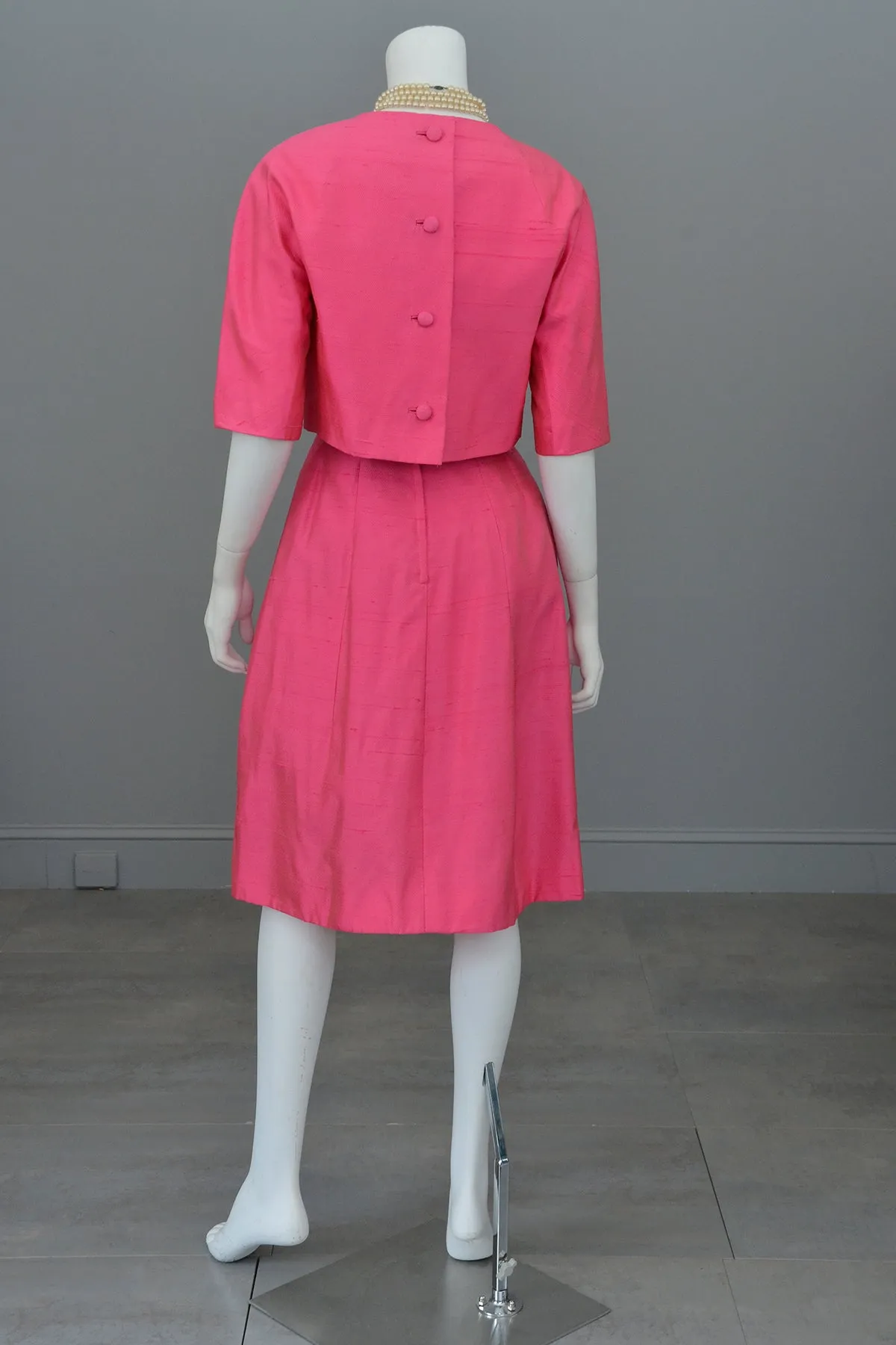 1960s Hot Pink Empire Wiggle Dress with Matching Bow Bolero