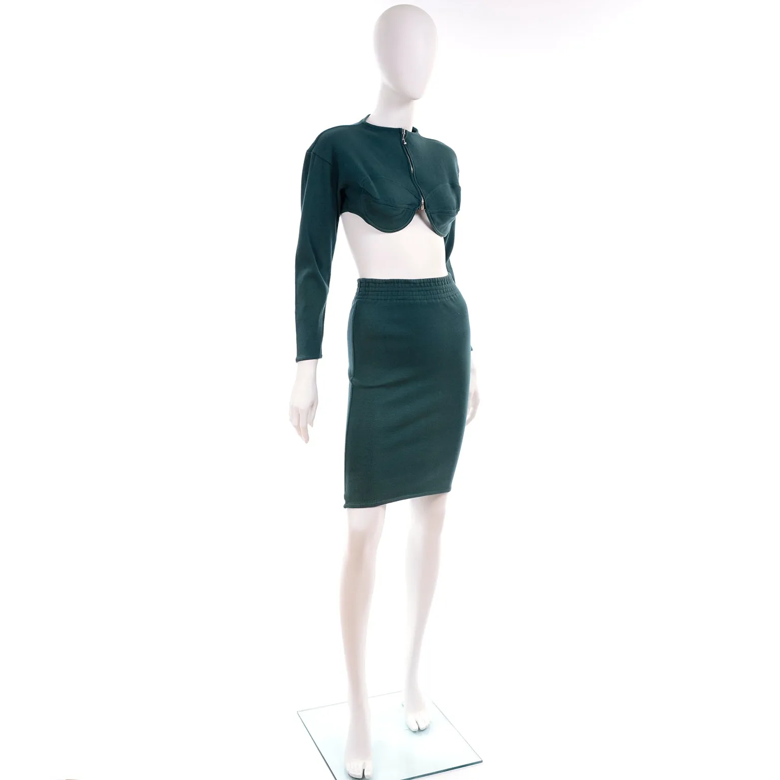 1980s Jean Paul Gaultier Green Cropped Bustier Sweater Top & Skirt