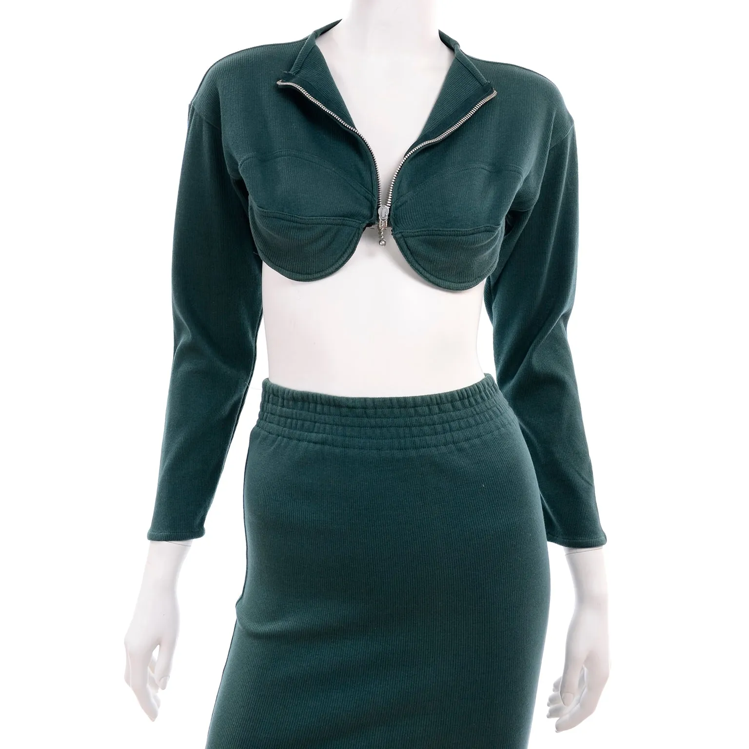 1980s Jean Paul Gaultier Green Cropped Bustier Sweater Top & Skirt