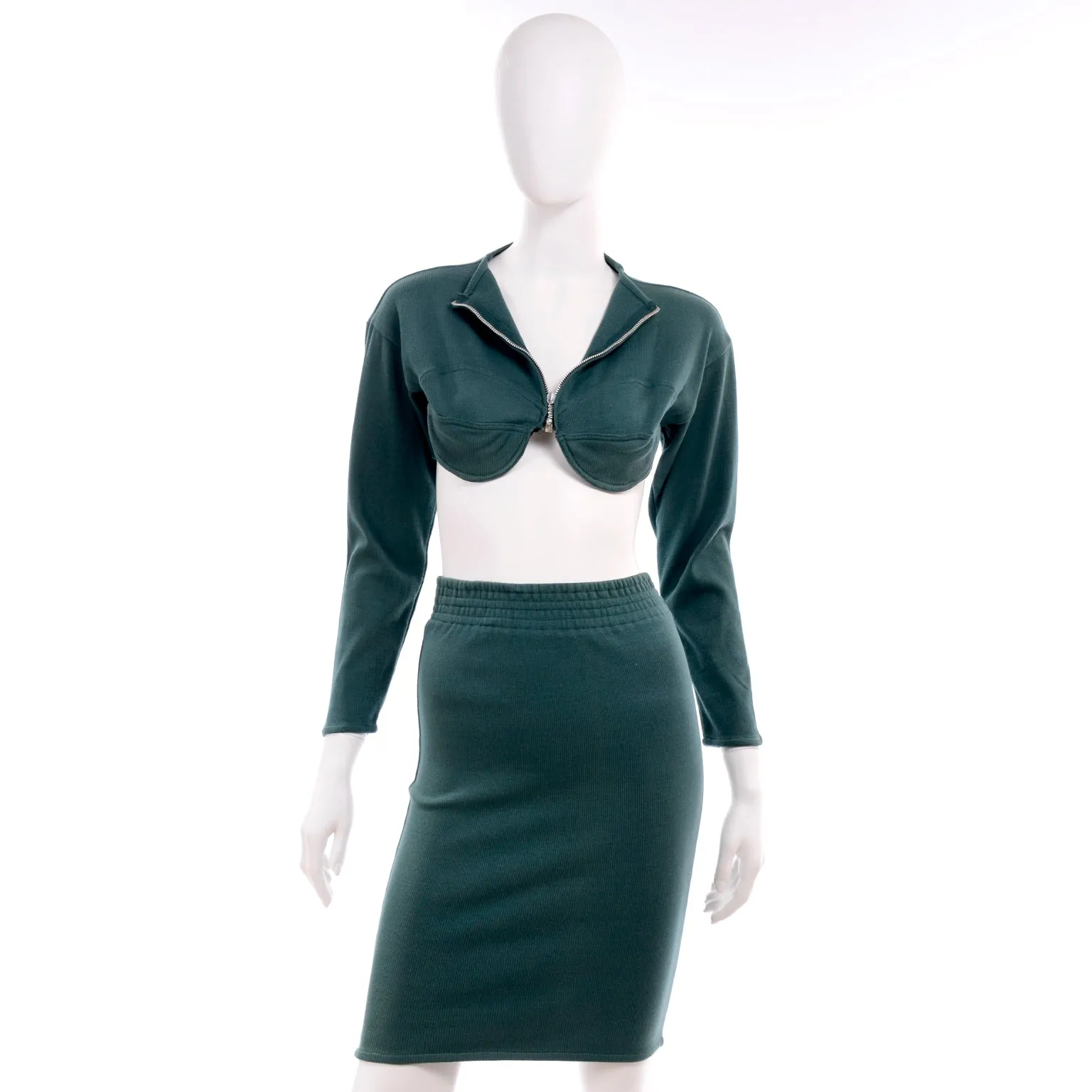 1980s Jean Paul Gaultier Green Cropped Bustier Sweater Top & Skirt