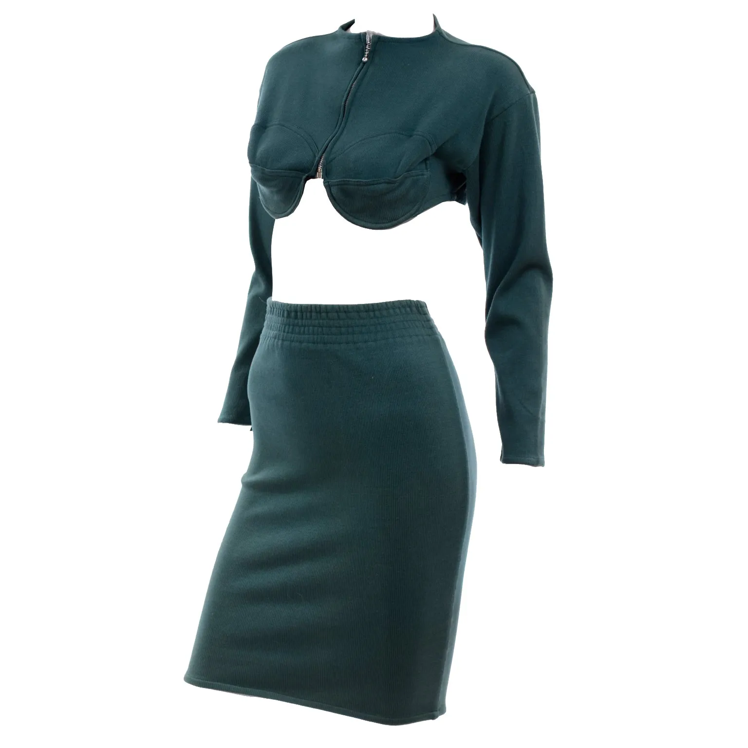 1980s Jean Paul Gaultier Green Cropped Bustier Sweater Top & Skirt