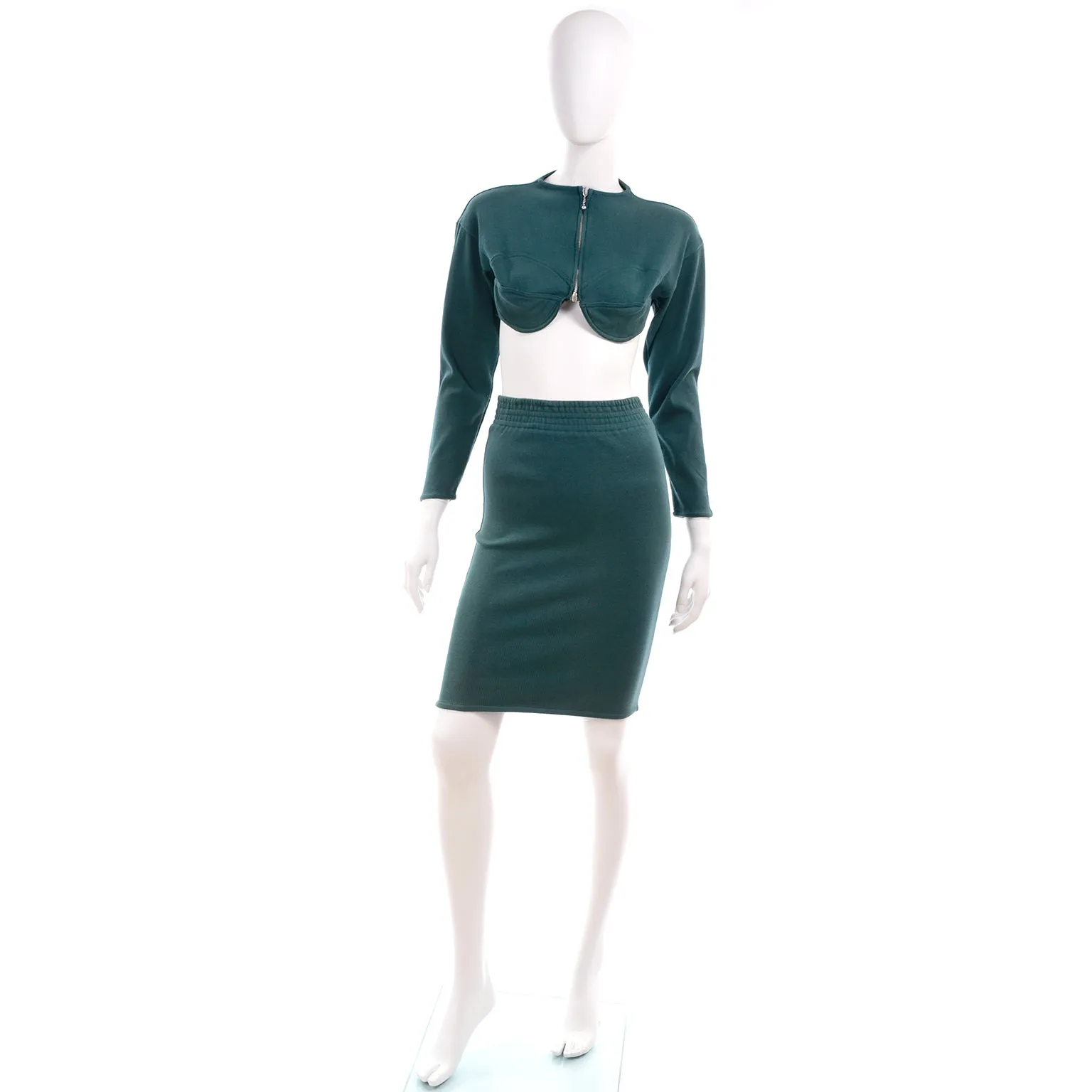 1980s Jean Paul Gaultier Green Cropped Bustier Sweater Top & Skirt