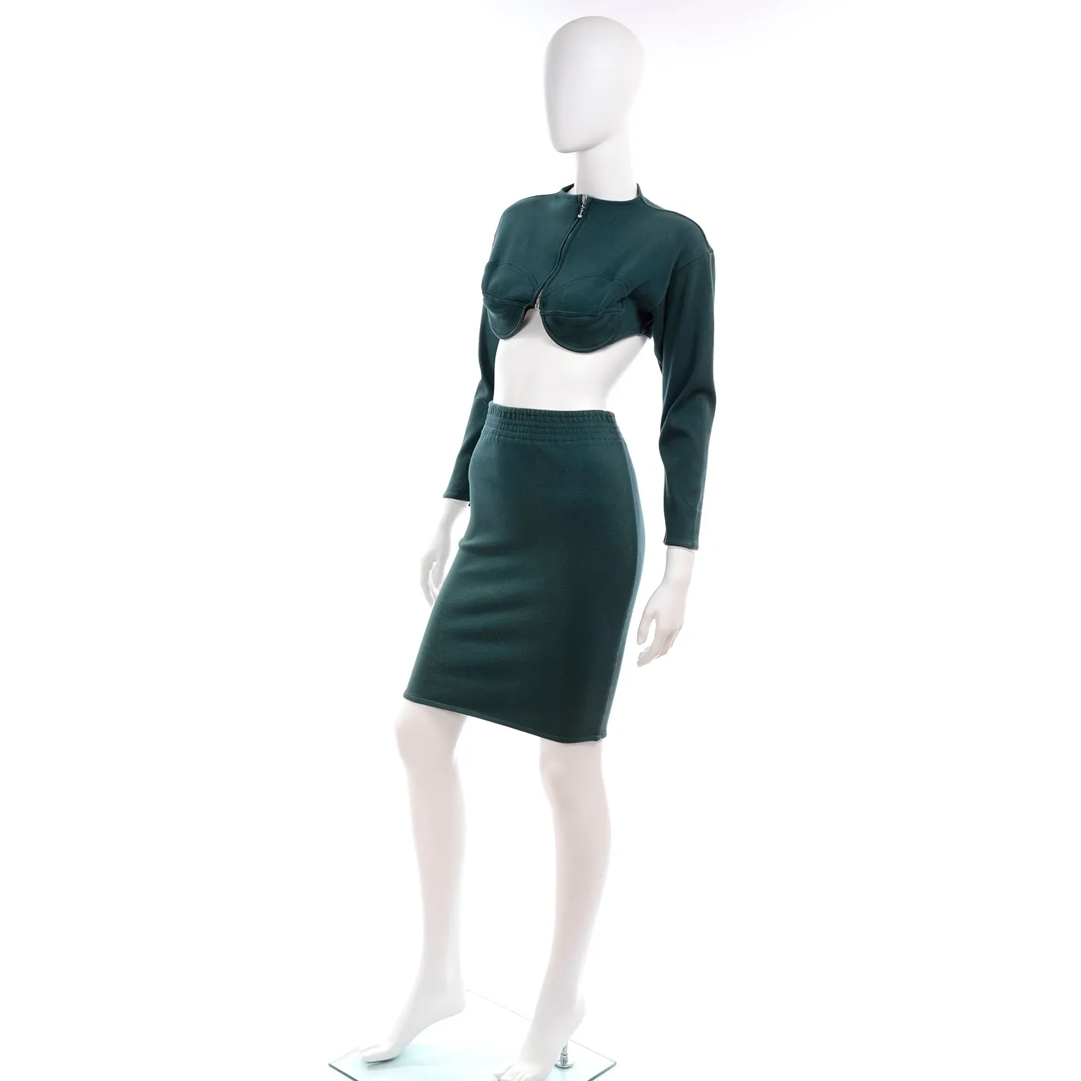 1980s Jean Paul Gaultier Green Cropped Bustier Sweater Top & Skirt