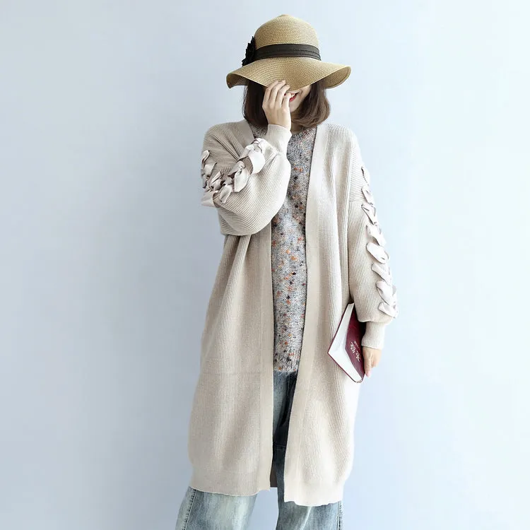 2021 winter nude long knit coats cardigans sweater outwear ribbon details