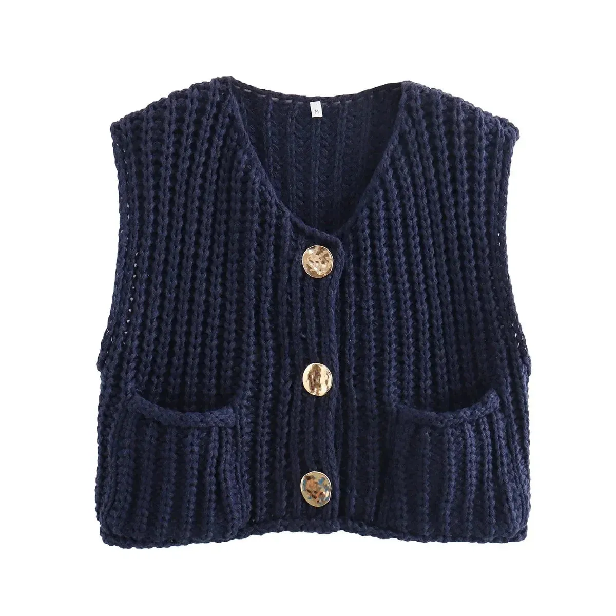 Advbridge Solid Hollow Out Slim Knitted Vest Women Chic O Neck Single Breasted Sleeveless Pocket Waistcoat Autumn Lady Short Vests