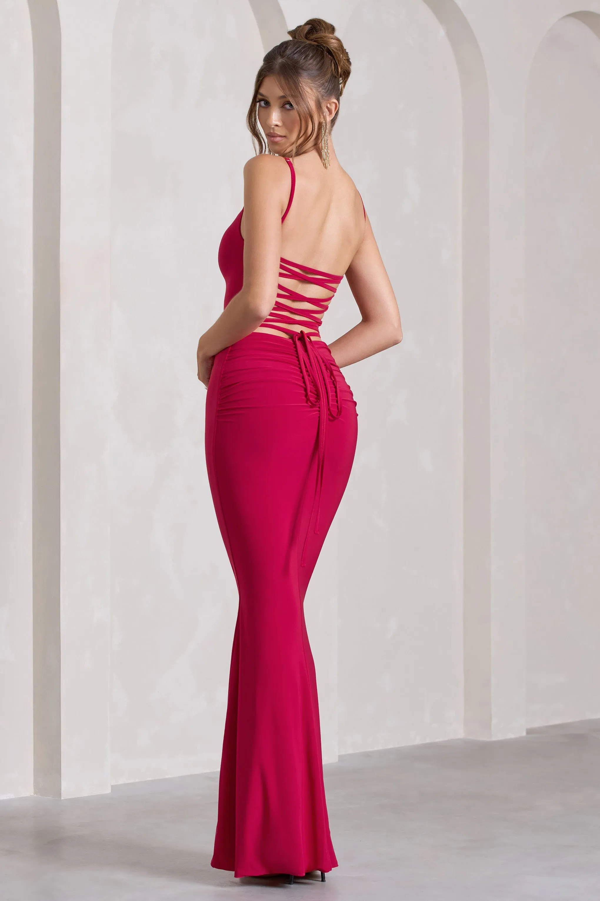 Alora | Red Strappy Lace-Up Maxi Dress With Flower Corsage