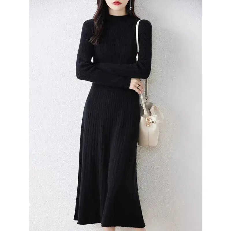 Amozae-High-end Knit Dress Women's Slimming Smooths Your Silhouette A- line Long Half Polo/turtle Neck Base Sweater Dress Autumn/winter