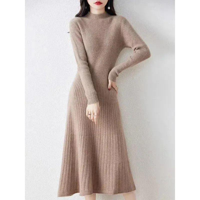 Amozae-High-end Knit Dress Women's Slimming Smooths Your Silhouette A- line Long Half Polo/turtle Neck Base Sweater Dress Autumn/winter