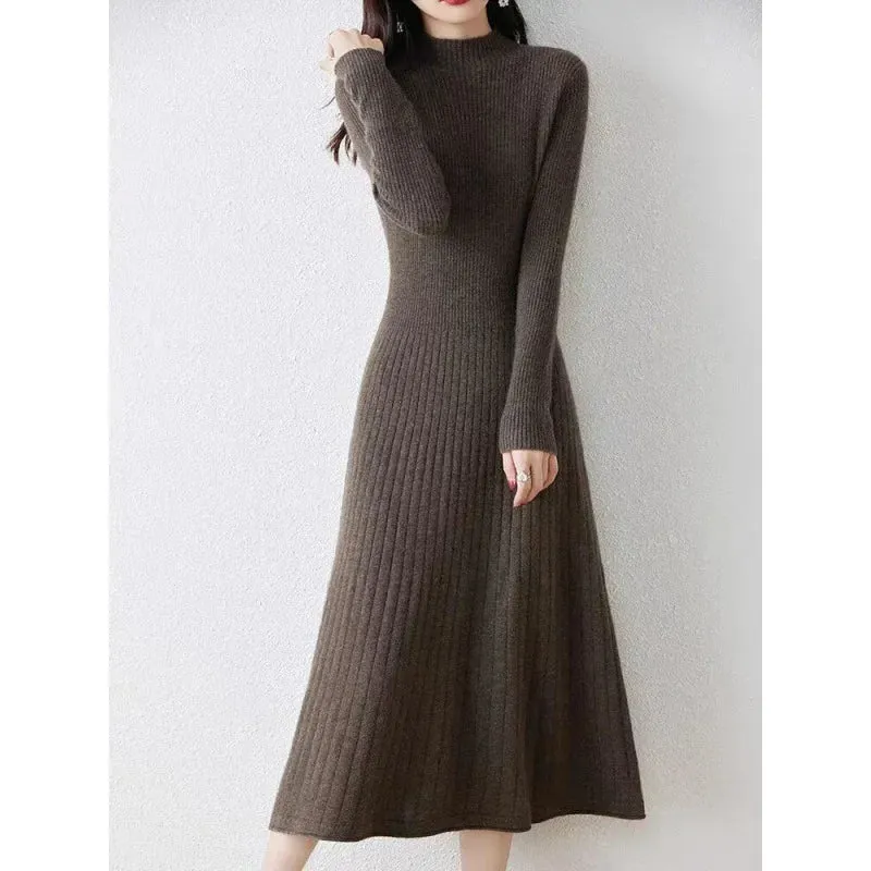 Amozae-High-end Knit Dress Women's Slimming Smooths Your Silhouette A- line Long Half Polo/turtle Neck Base Sweater Dress Autumn/winter