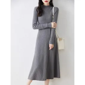 Amozae-High-end Knit Dress Women's Slimming Smooths Your Silhouette A- line Long Half Polo/turtle Neck Base Sweater Dress Autumn/winter