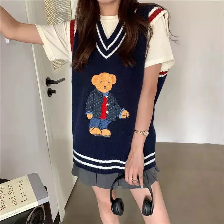 arwen ajh 2024 Autumn Winter Women's Vest Japanese Style Cartoon Bear Pullover Vest Sweater Oversize  Clothes Knitted Vest