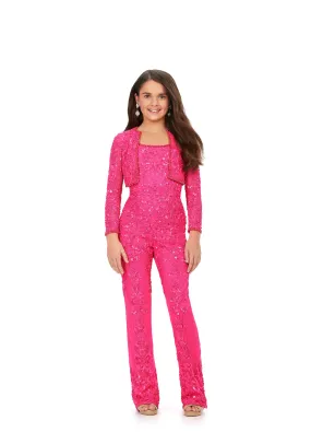 Ashley Lauren Kids 8232 Girls Beaded Pageant Jumpsuit Long sleeve Blazer Jacket Sequin Formal