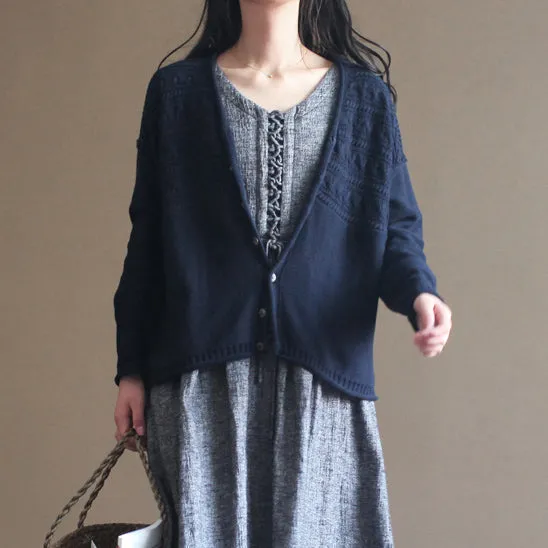 autumn v neck vintage cotton knit cardigans plus size casual navy sweater tops