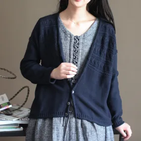 autumn v neck vintage cotton knit cardigans plus size casual navy sweater tops