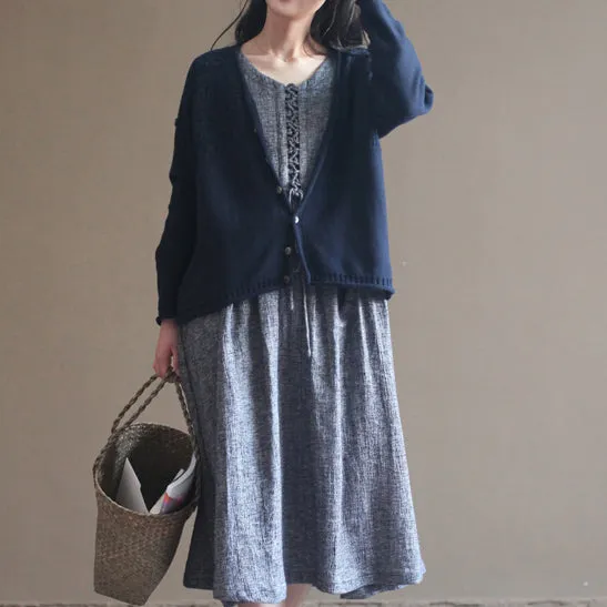 autumn v neck vintage cotton knit cardigans plus size casual navy sweater tops