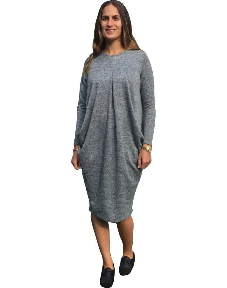 Baby'O Women's Brushed Sweater Knit Pleated Front Slouch Pocket Midi Dress