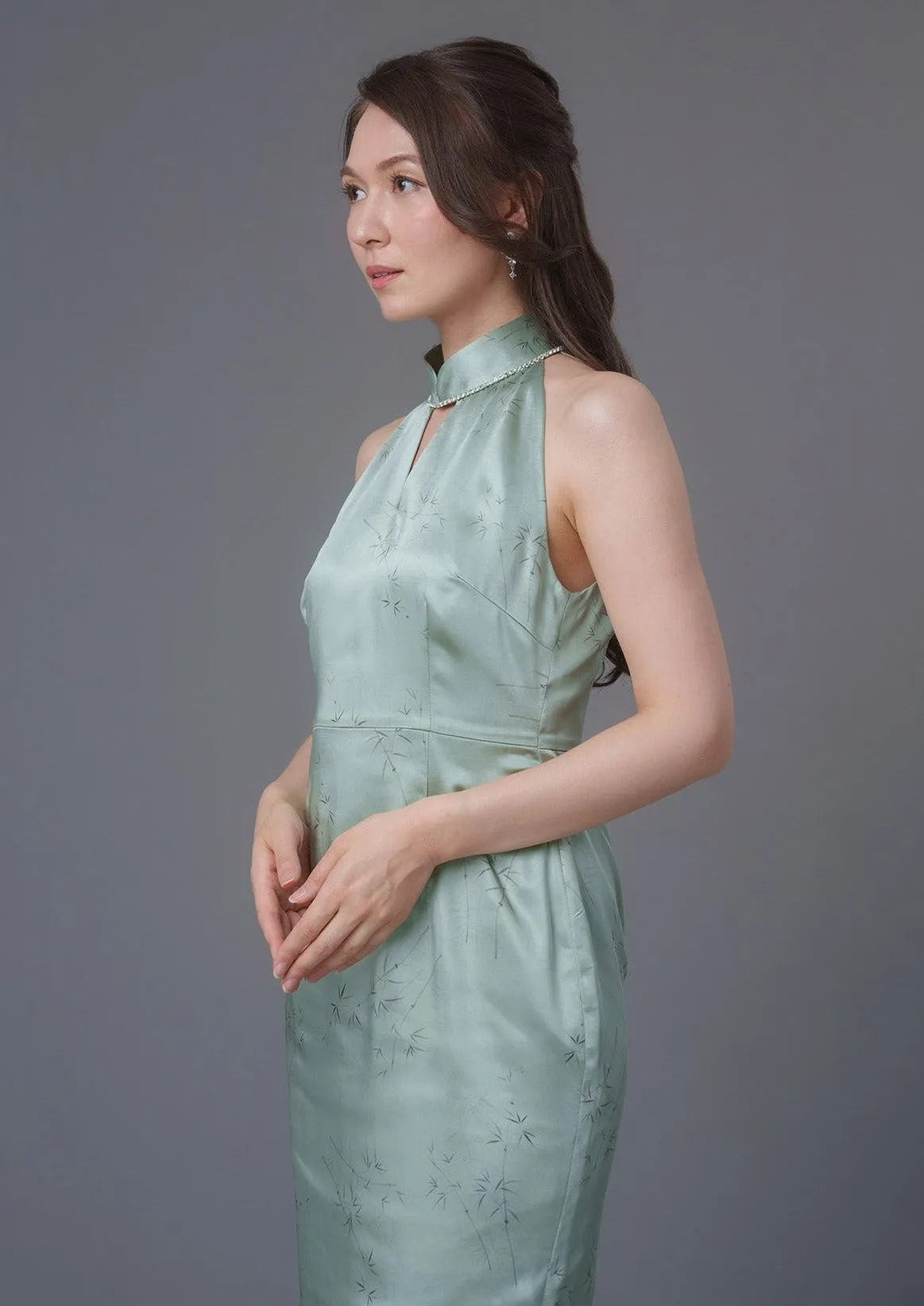 Bamboo Print Halter Qipao (Sage Green)