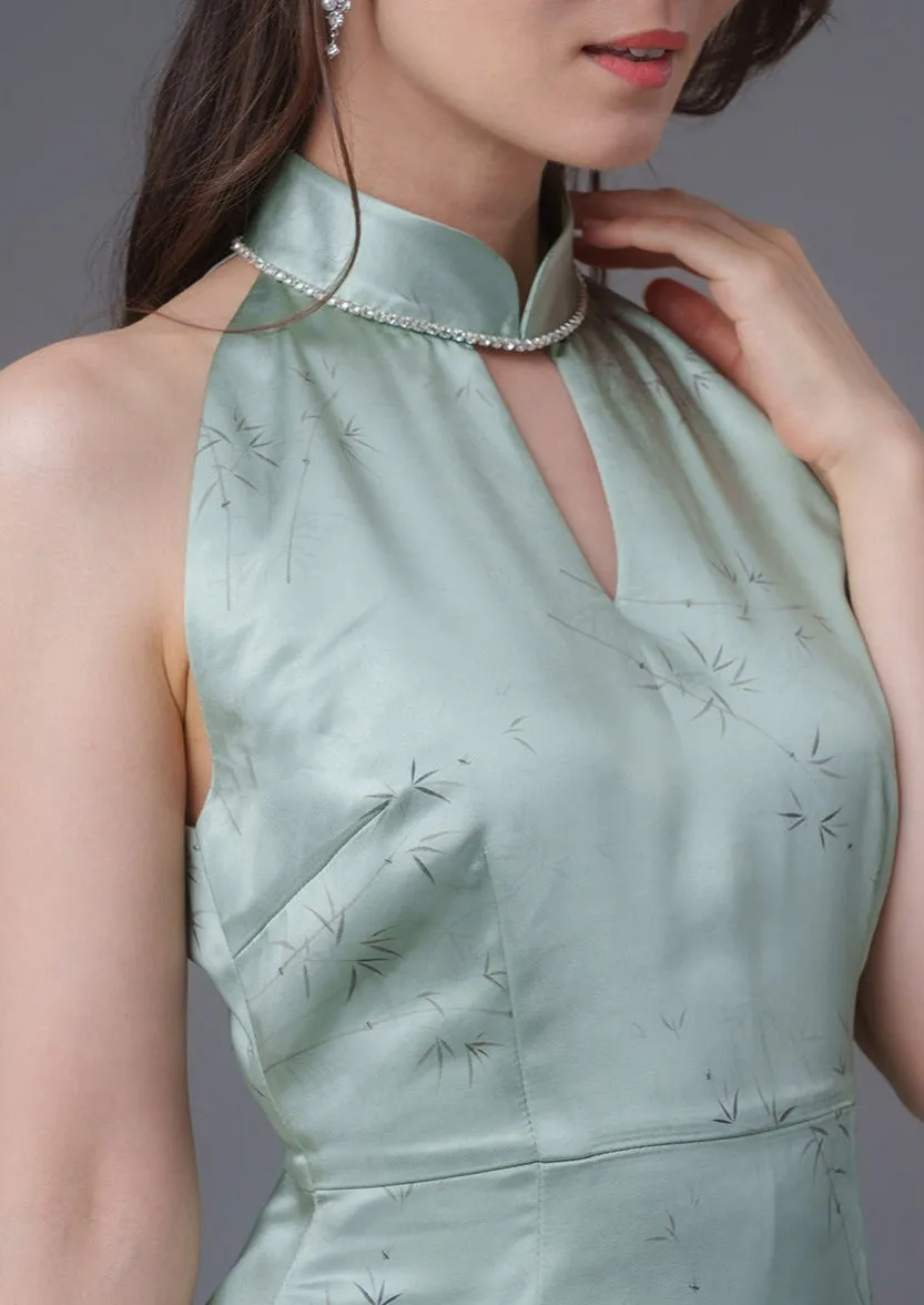 Bamboo Print Halter Qipao (Sage Green)