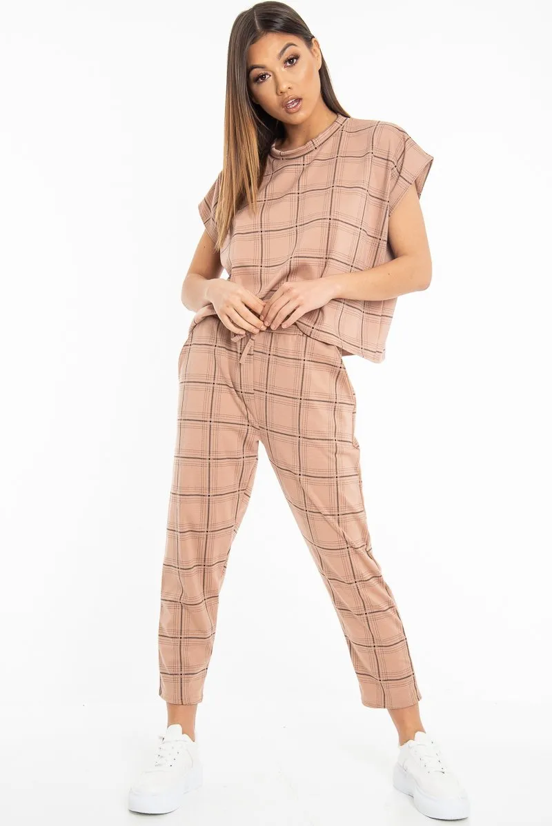 Beige Check Short Sleeve Top and Jogger Set - Aimy