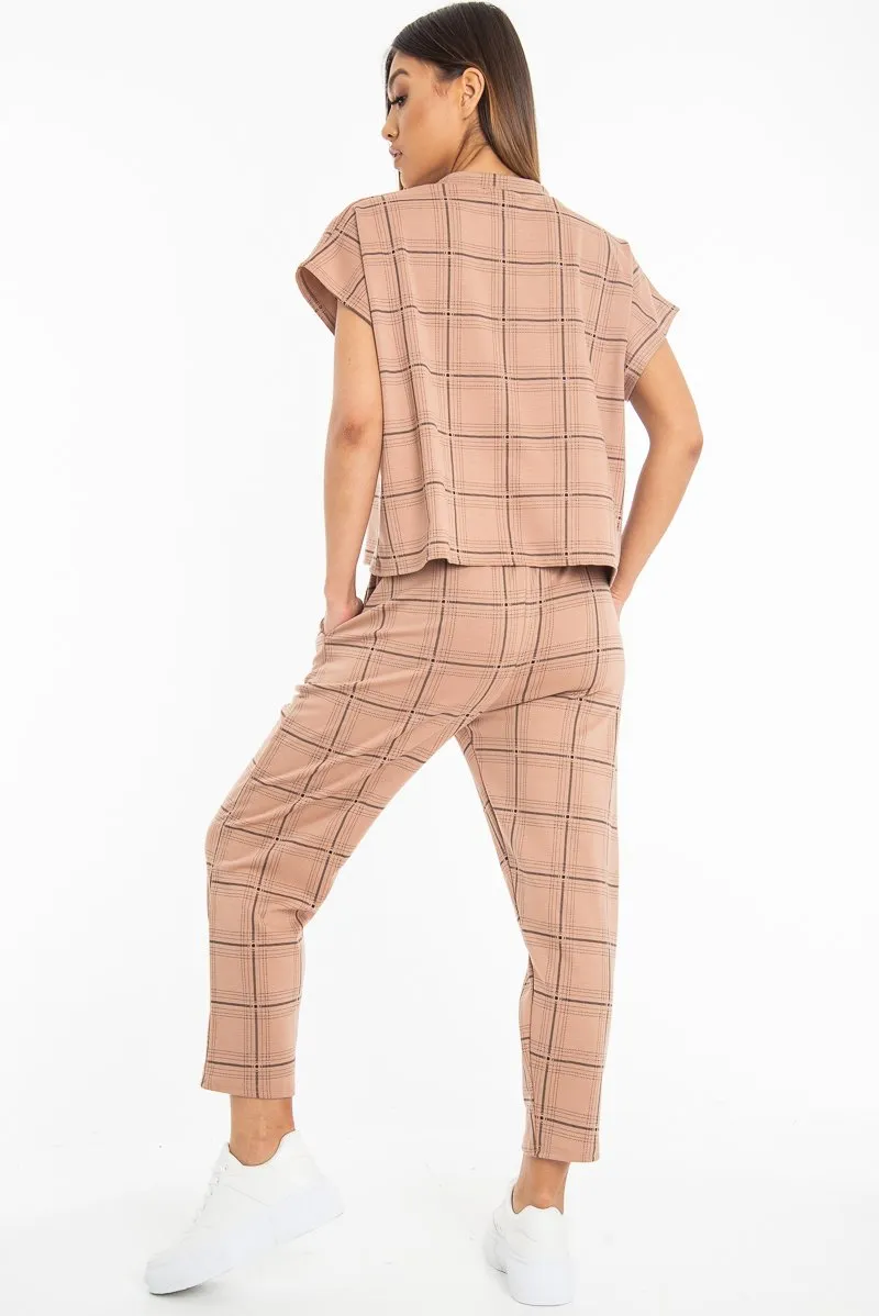 Beige Check Short Sleeve Top and Jogger Set - Aimy