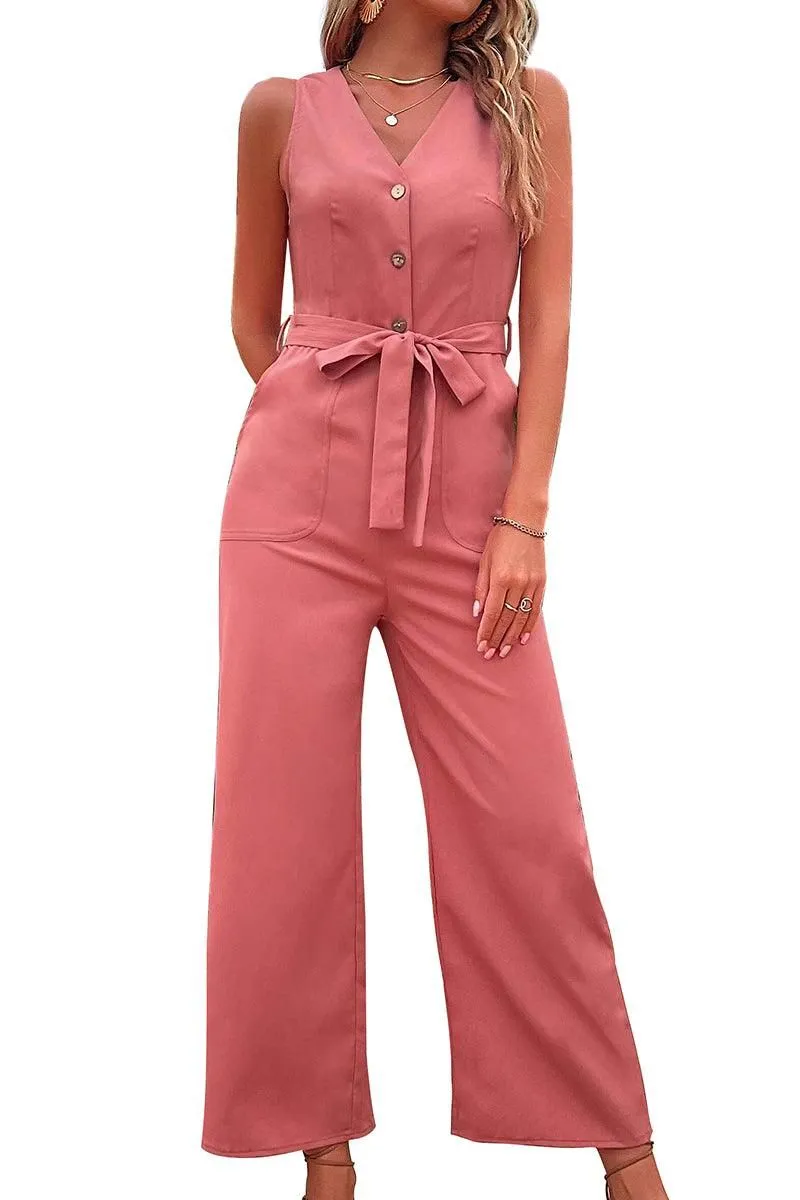 BIG POCKET TIED WAIST SLEEVELESS JUMPSUIT