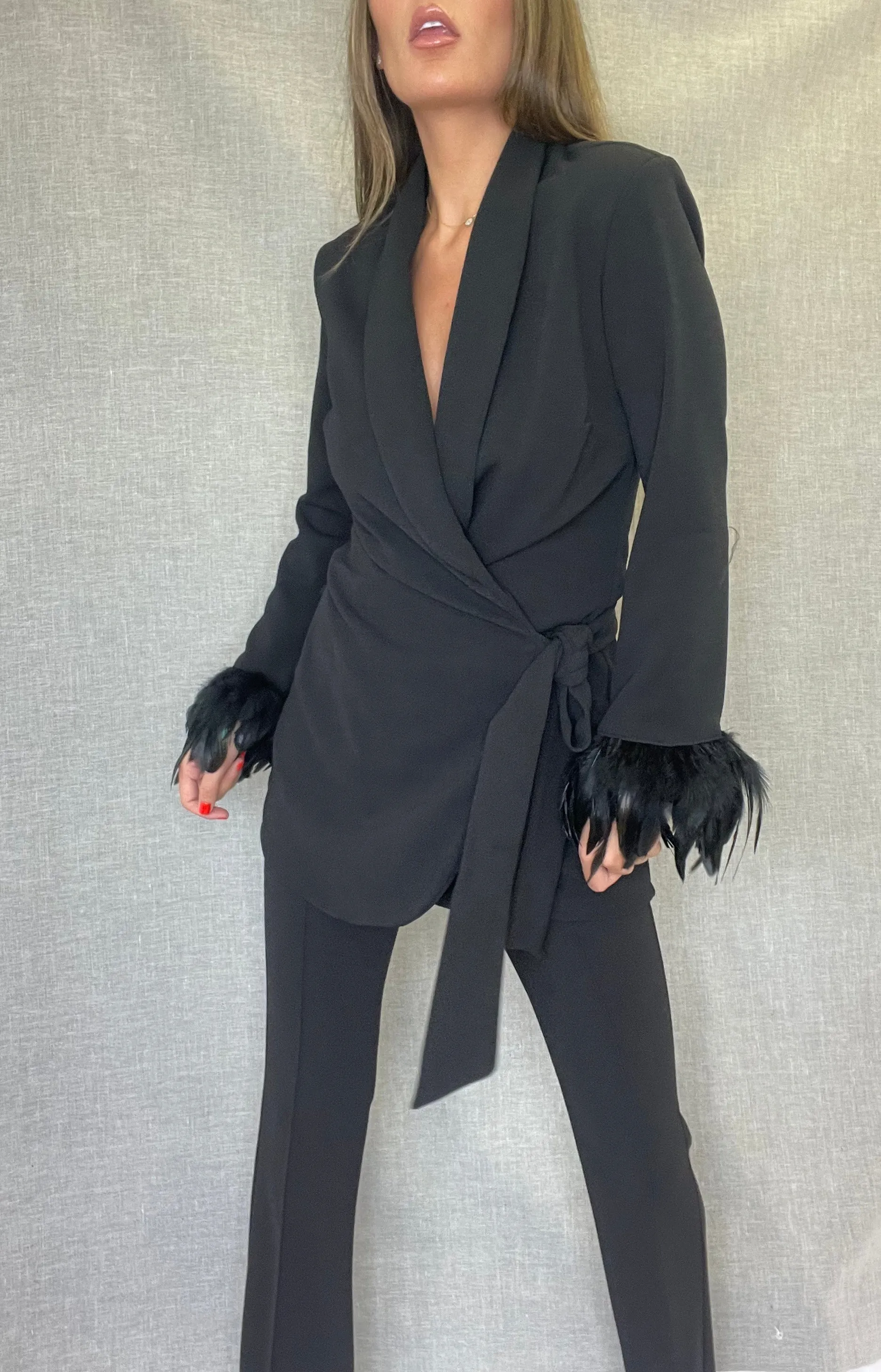 Black Feather Wrap Blazer Dress