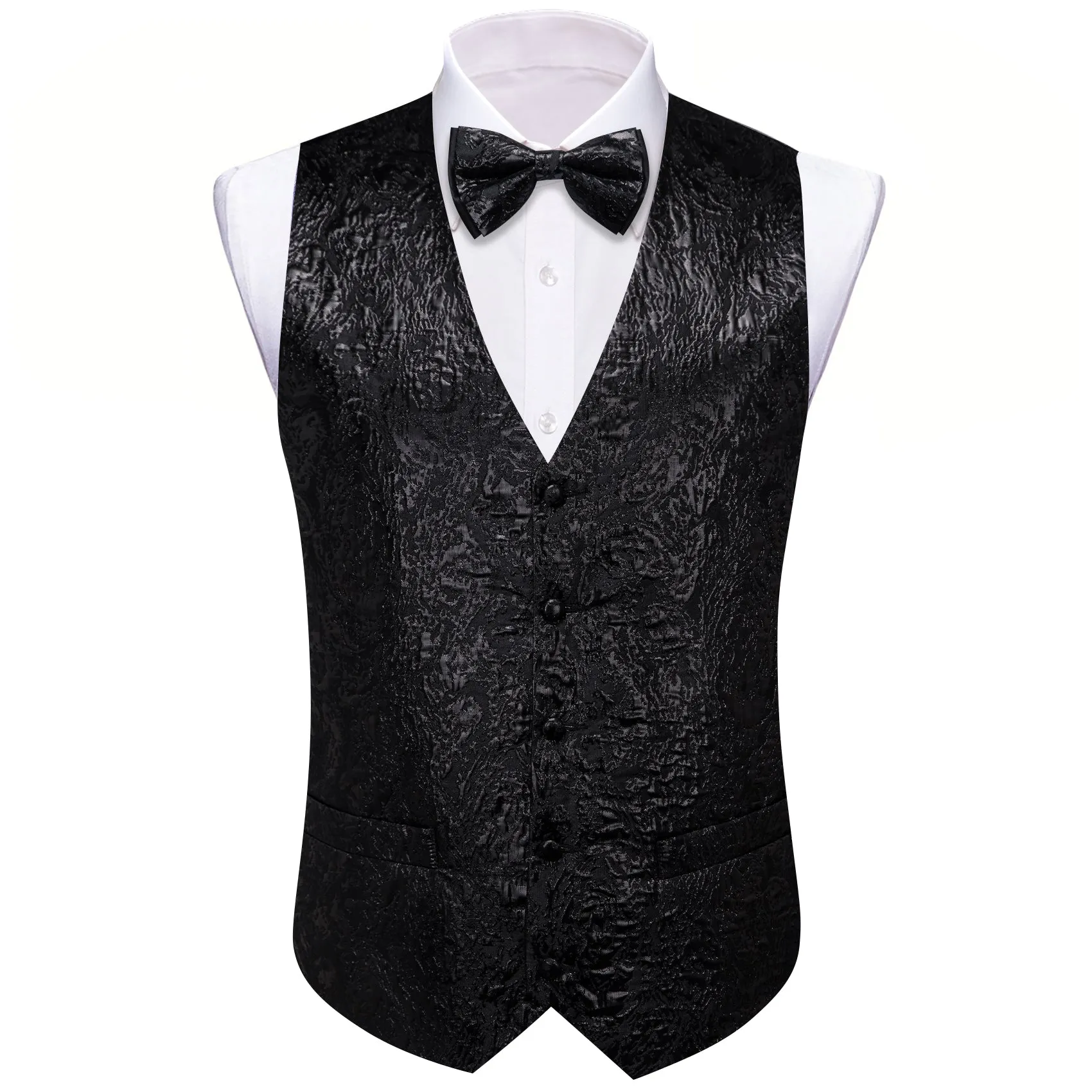 Black Novelty Jacquard Silk Men's Vest Hanky Cufflinks Bow Tie Set