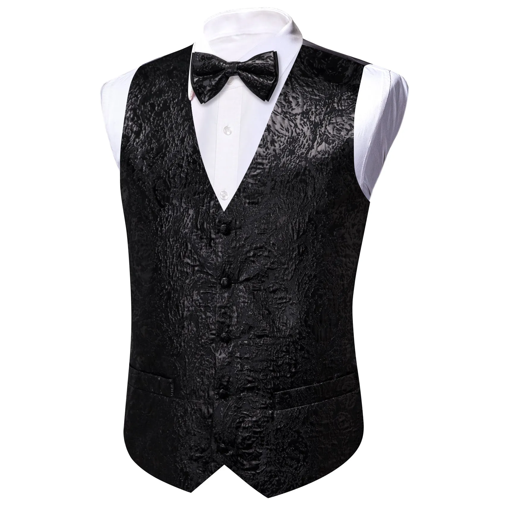 Black Novelty Jacquard Silk Men's Vest Hanky Cufflinks Bow Tie Set