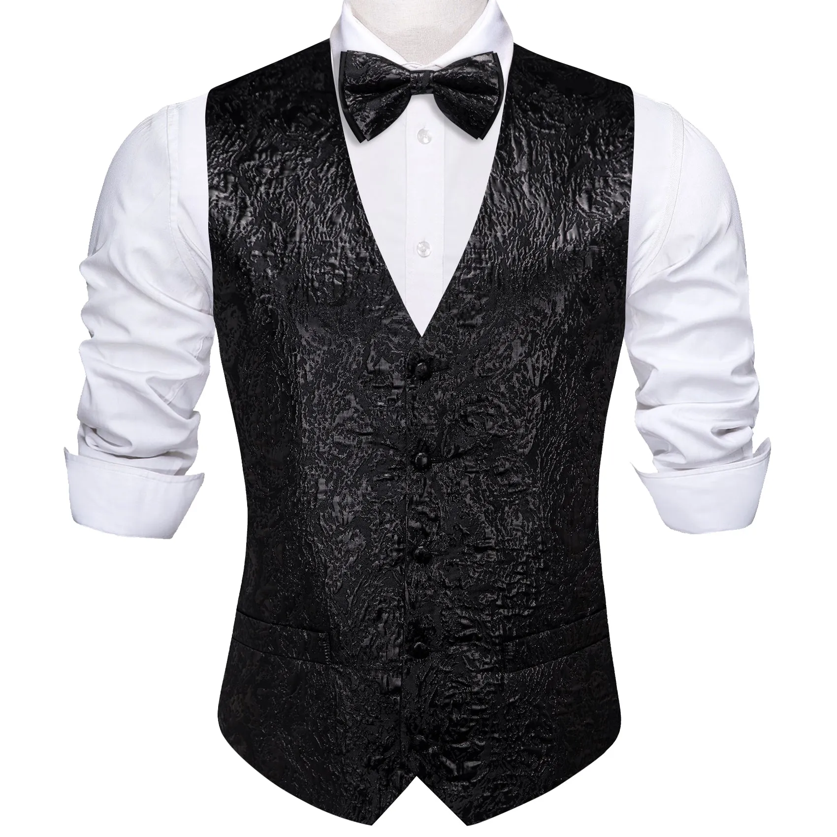 Black Novelty Jacquard Silk Men's Vest Hanky Cufflinks Bow Tie Set