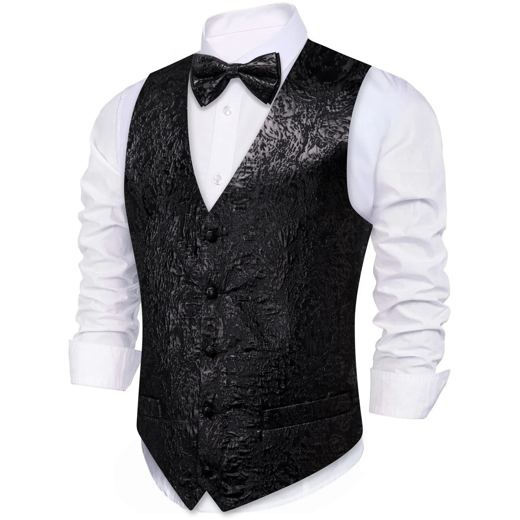 Black Novelty Jacquard Silk Men's Vest Hanky Cufflinks Bow Tie Set