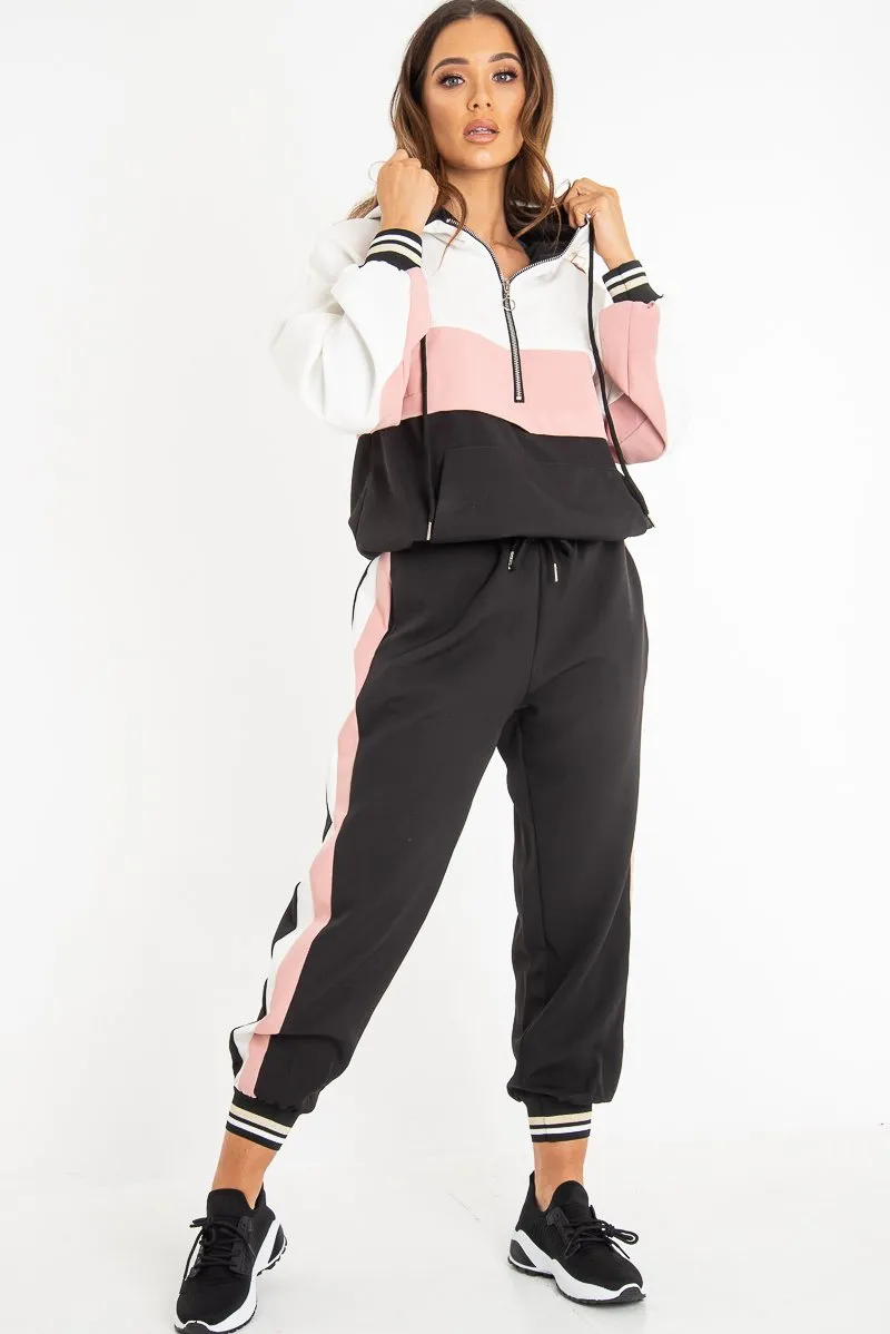 Black Pink Cuffed Hem Tie Waist Joggers - Kaci