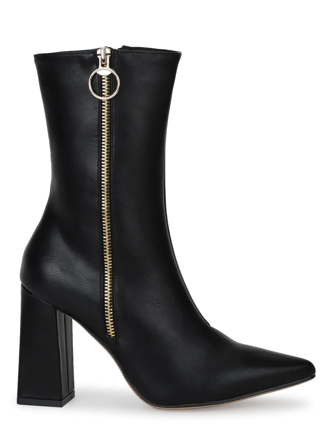 Black PU Sideway Zipper Pointed Toe Block Heel Ankle Boots