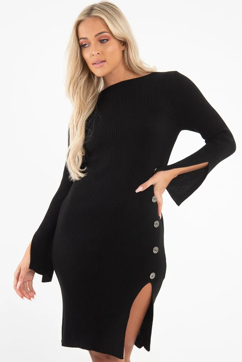 Black Slash Neck Button Rib Knit Midi Dress - Haydee