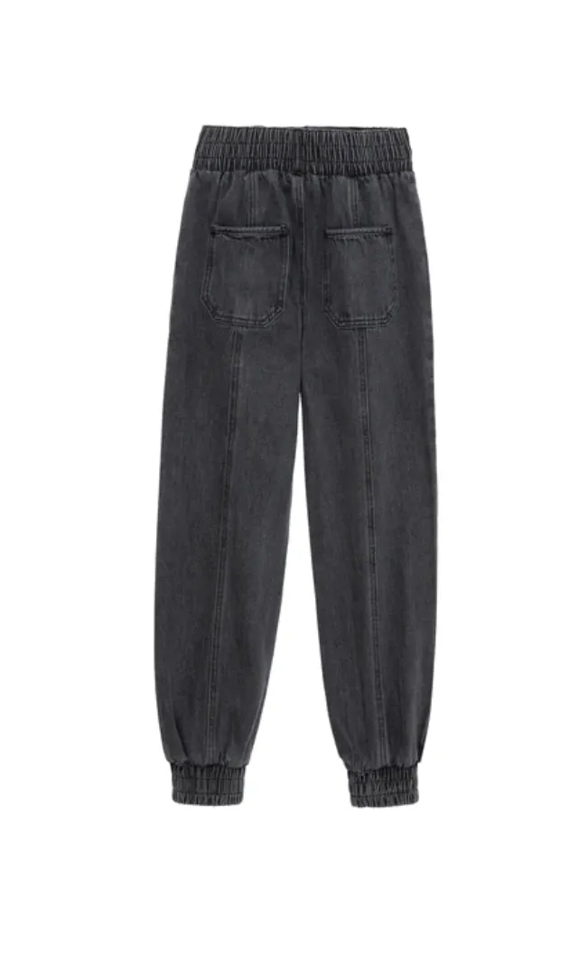 Black Smocked Denim Joggers