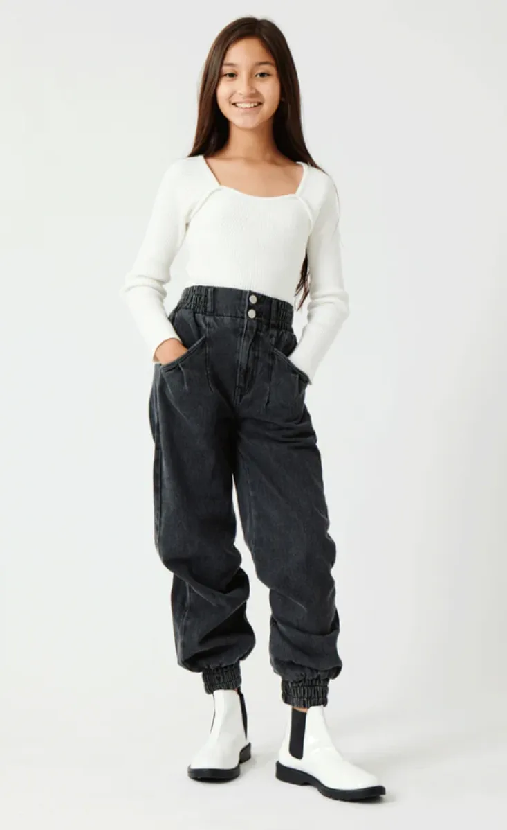 Black Smocked Denim Joggers