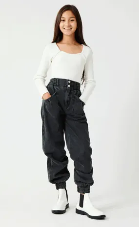 Black Smocked Denim Joggers