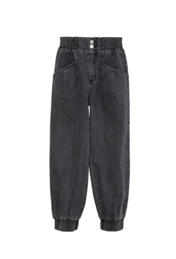 Black Smocked Denim Joggers