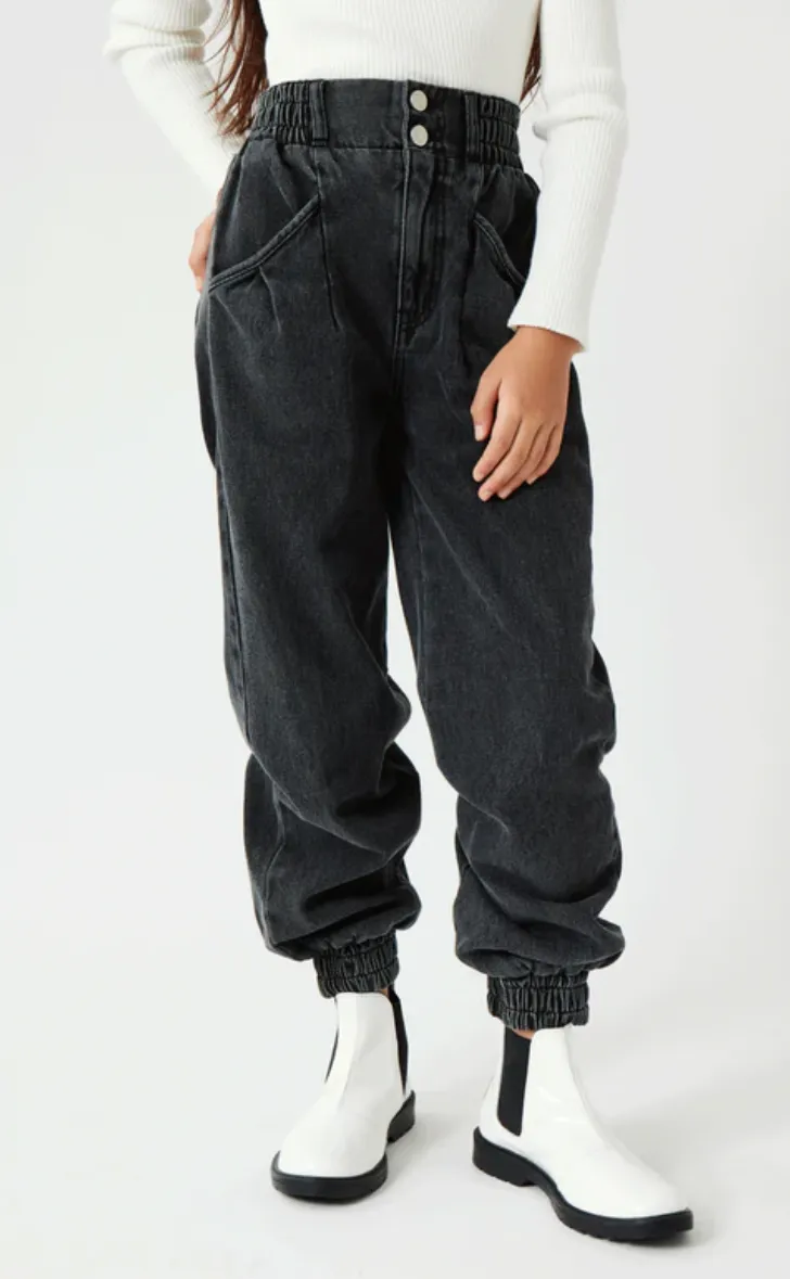 Black Smocked Denim Joggers