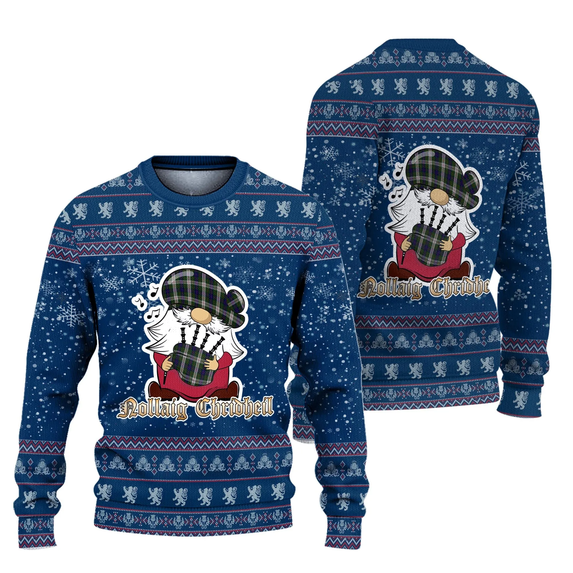 Blair Dress Clan Christmas Family Ugly Sweater with Funny Gnome Playing Bagpipes