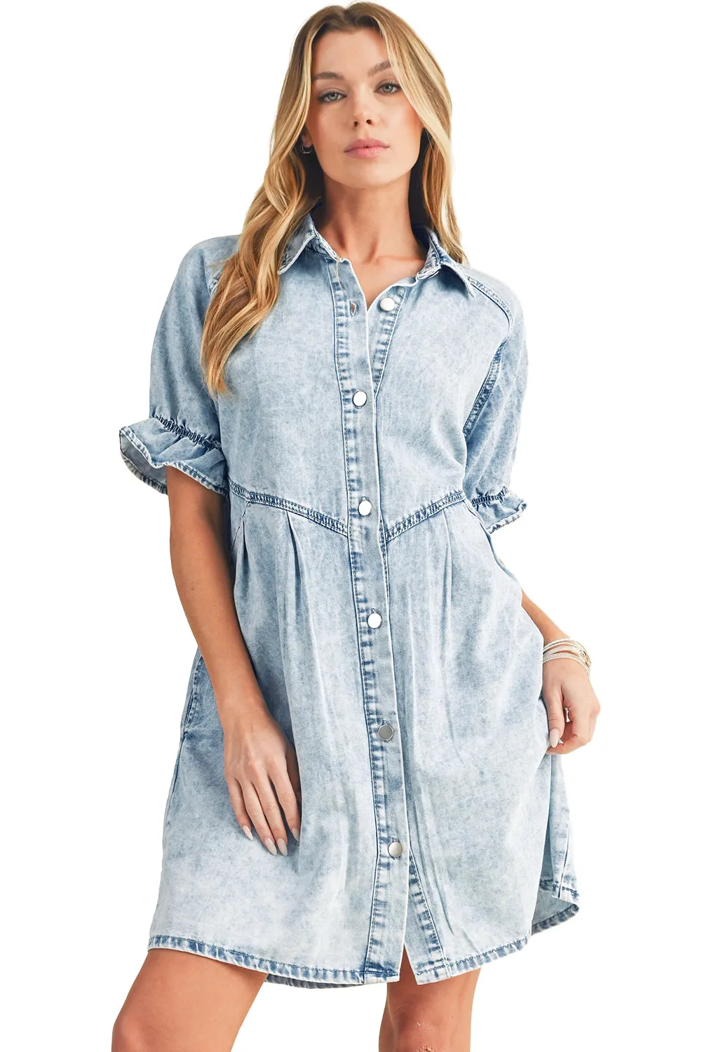 Blue Mineral Washed Ruffled Short Sleeve Pocketed Denim Dress