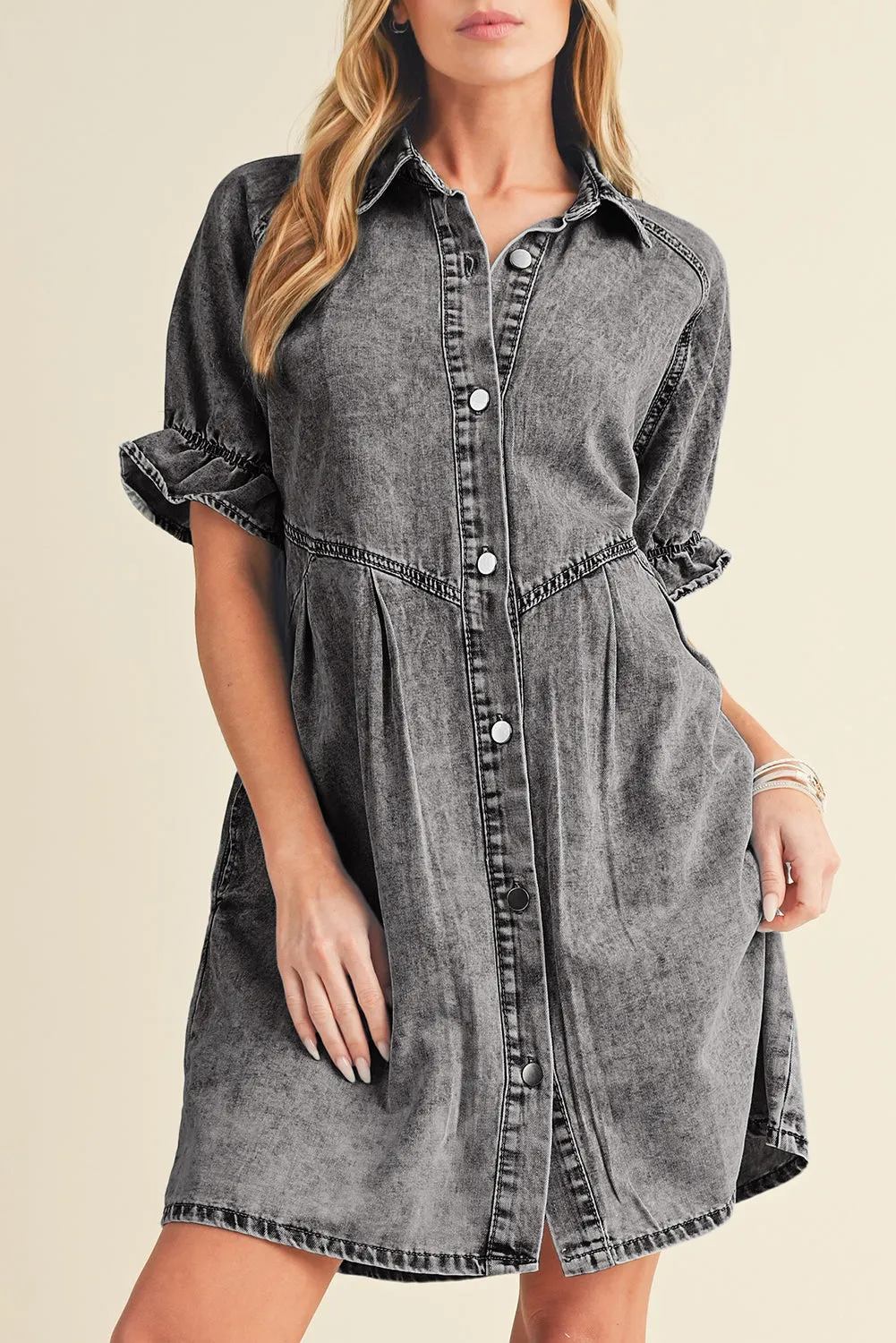 Blue Mineral Washed Ruffled Short Sleeve Pocketed Denim Dress