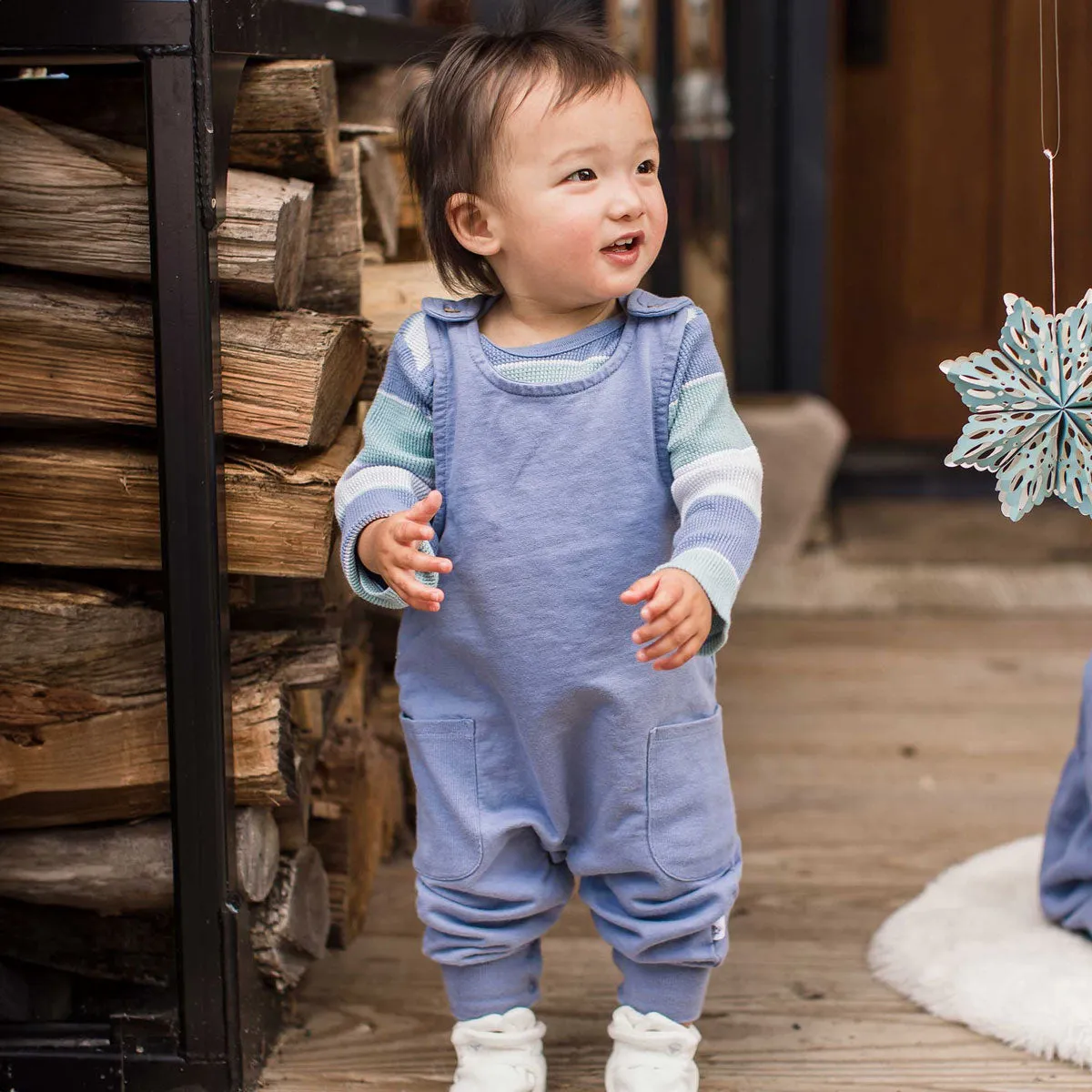 Bodysuit and Overall Set - Around The World Stripe - Dusty Indigo