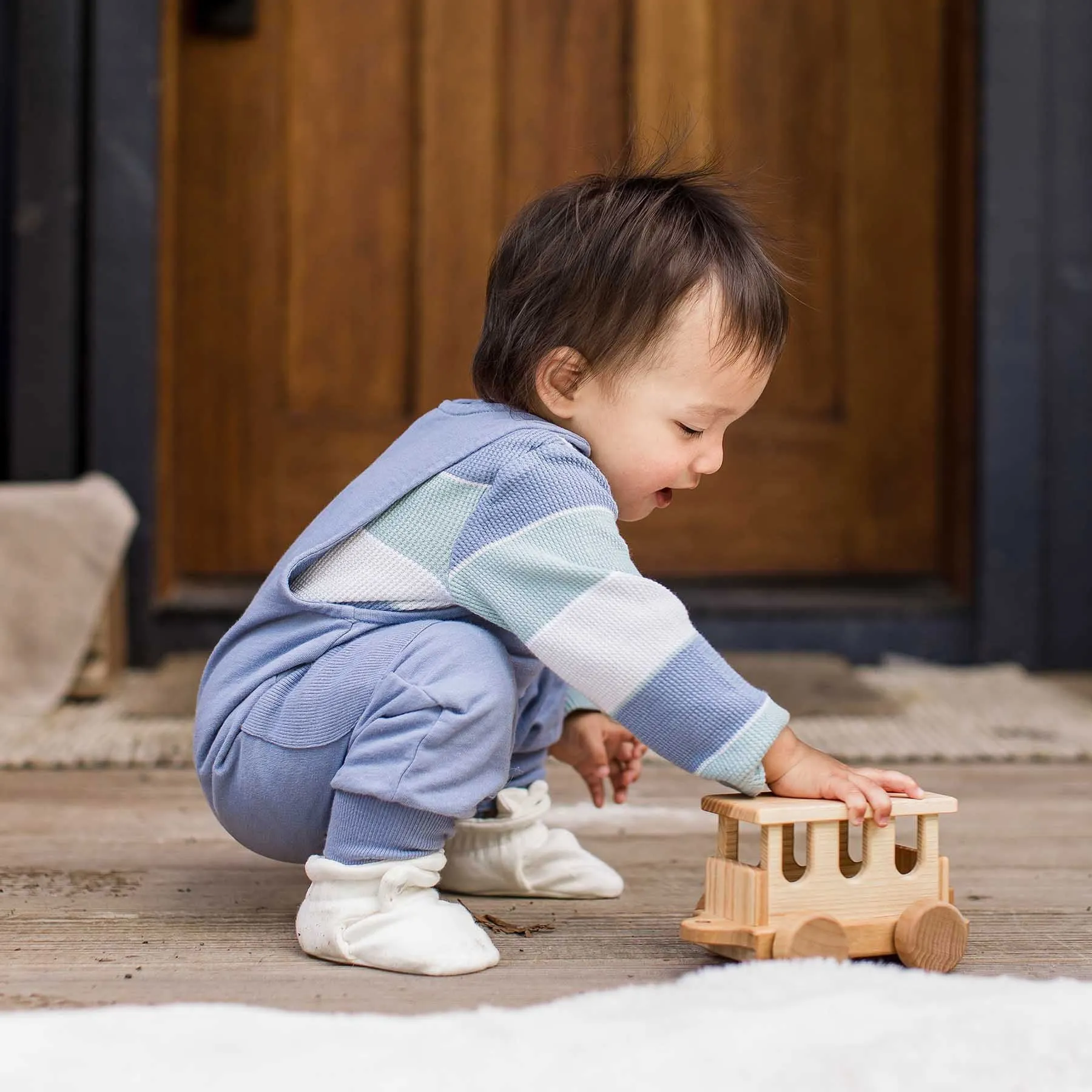 Bodysuit and Overall Set - Around The World Stripe - Dusty Indigo