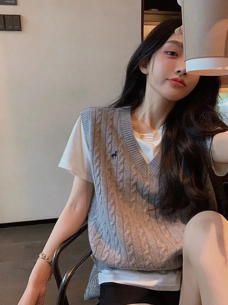 Bonnyshow  Embroidery V-neck Knitted Vest Women Vintage Solid Pullover Cable Sweater New Korean Retro Spring Autumn Loose Tank Tops