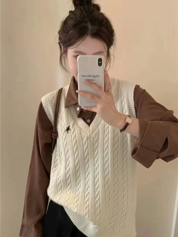 Bonnyshow  Embroidery V-neck Knitted Vest Women Vintage Solid Pullover Cable Sweater New Korean Retro Spring Autumn Loose Tank Tops