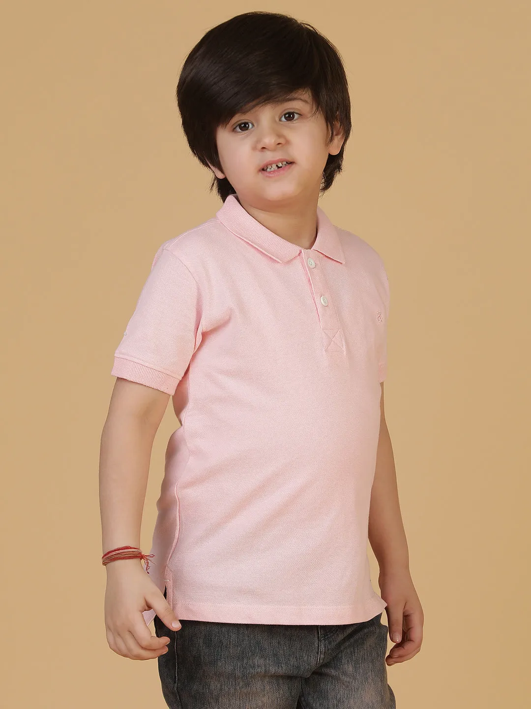 Boys Pink Solid Polo T-Shirt