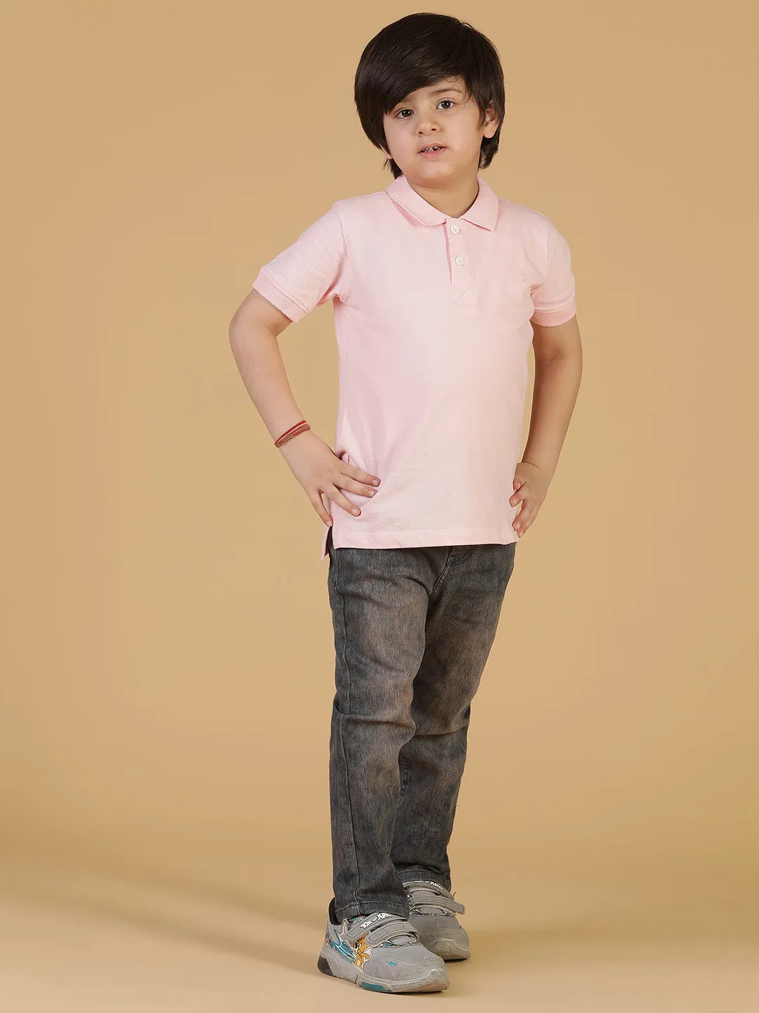 Boys Pink Solid Polo T-Shirt